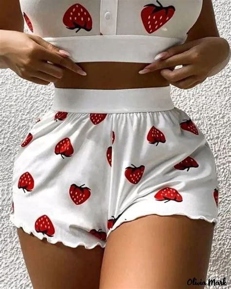 Olivia Mark Strawberry Print Button Decor High Waist Camisole Set