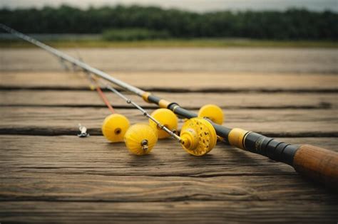 Premium Photo Fishing Rod With Yellow Fishing Bait On Wooden Plank Ar C