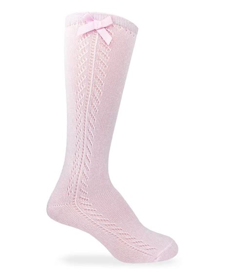 Pointelle Bow Knee High Socks For Girls In White And Pink Classic Whimsy