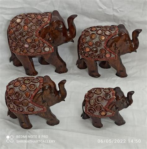 Multicolor Shrinath Art Gallery Wooden Stone Work Elephant Set For