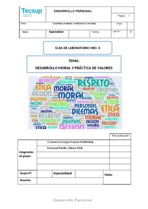 Guía De Laboratorio 6 Desarrollo Moral Y Valores Página 1 Tema