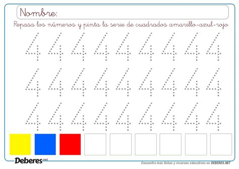 Ficha Para Repasar El Numero 4 Con Puntitos Y Hacer Series De Colores