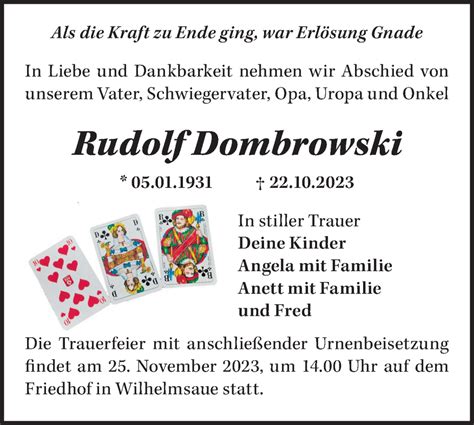 Traueranzeigen Von Rudolf Dombrowski M Rkische Onlinezeitung Trauerportal