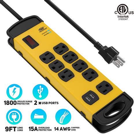 CRST 8 Outlets Heavy Duty Surge Protector Power Strip With Dual USB