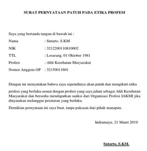 3 Contoh Surat Pernyataan Patuh Pada Etika Profesi 2025