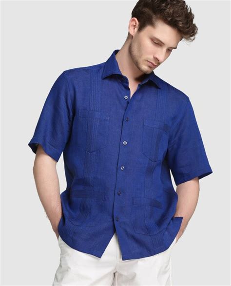 Camisa Guayabera De Hombre Mirto De Lino Regular Lisa Azul Mirto