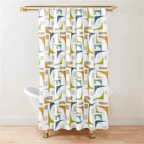 Blue Mid Century Shower Curtains Redbubble Blue Shower Curtains