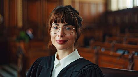 Premium Ai Image Cinematic Court Of Law Trial Portrait Of Impartial Smiling Female Judge