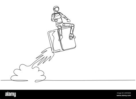 Single Continuous Line Drawing Young Astronaut Riding Safe Deposit Box