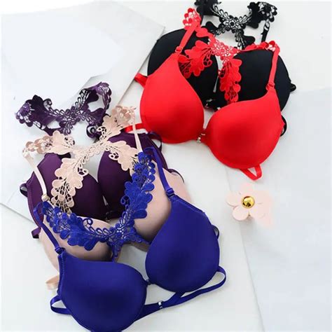 Sexy Women Bra Front Closure Lace Racer Back Smooth Surface Push Up