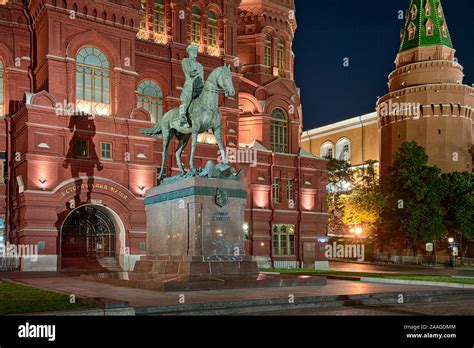 Illuminated Monument To Marshal Zhukov In The Dusk Illuminated With