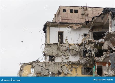 Broken Down Large Building During Demolition Image Stock Image