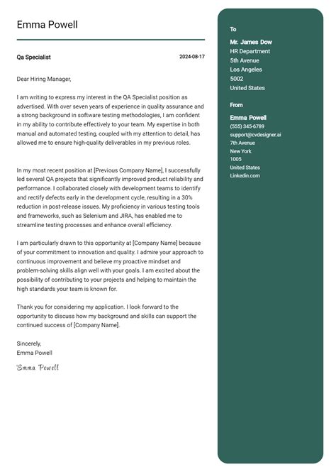 15 QA Specialist Cover Letter Samples Examples 2024 CVDesigner Ai