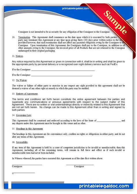 Free Printable Consignment Agreement Form Generic