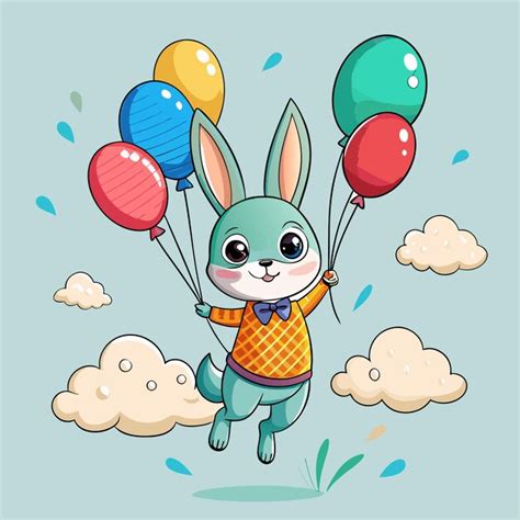 Cartoon Style Bunny Flying With Balloons Icon Premium AI Generated Vector