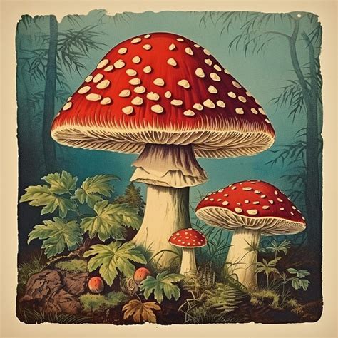 Premium Photo Vintage Amanita Mushroom Print Paper Texture