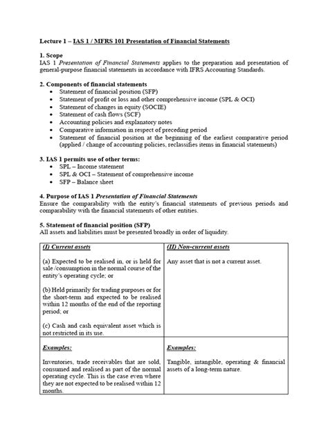 Lecture 1 Ias 1 Presentation Of Financial Statements Pdf Balance