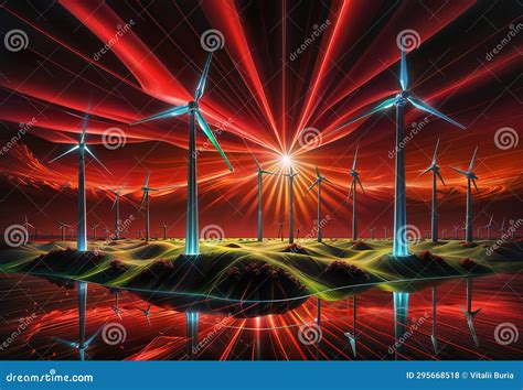 Wind Turbines On The Field In The Evening With Red Light And Reflection Generative Ai Stock