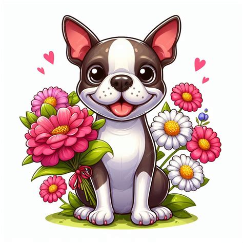 Premium Vector Cute Boston Terrier Dogs And Flower Vector Cartoon