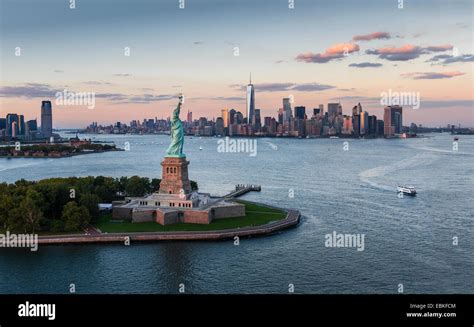 Usa New York State New York City Aerial View Of City With Statue Of