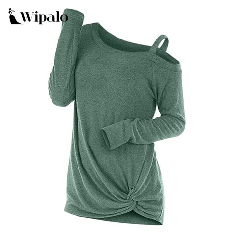 Wipalo Fashion Spring Knotted Skew Neck Sweater Long Sleeve Cut Out