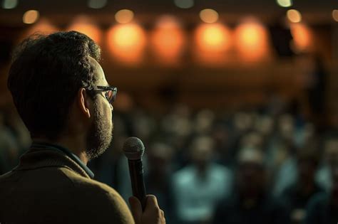 Premium Photo Speaking Man With Glasses And Microphone