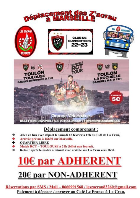 Offre De Transport Des Z Acrau Pour Rct Toulouse Le Samedi F Vrier