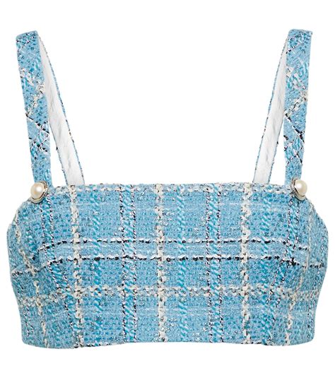 Alessandra Rich Embellished Checked Tweed Crop Top In Blue Lyst