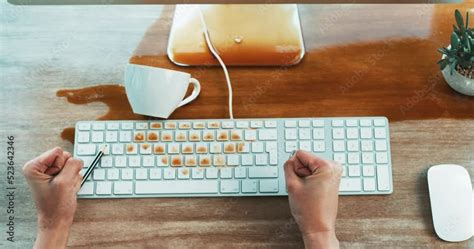 Clumsy Woman Spilling Coffee On A Computer And Office Table Causing Damage To Her Keyboard A