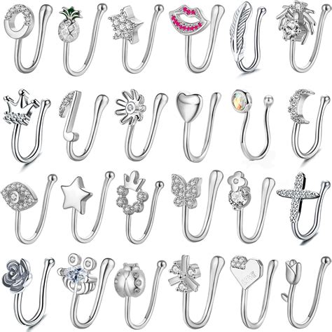 Amazon Zeshimb Crystal Flower Nose Ring Silver Fake Septum Nose