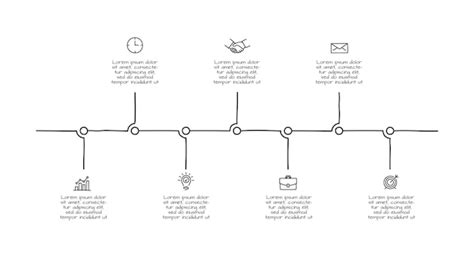 7가지 옵션이 있는 Doodle 인포그래픽 타임라인 손으로 그린 아이콘 얇은 선 그림입니다 프리미엄 벡터