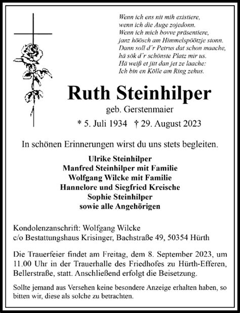 Traueranzeigen Von Ruth Steinhilper WirTrauern