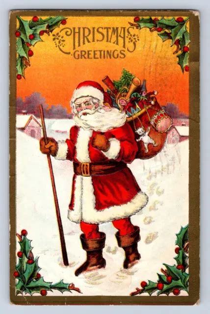 RARE VINTAGE 1900S MERRY CHRISTMAS GREETINGS SANTA CLAUS Embossed