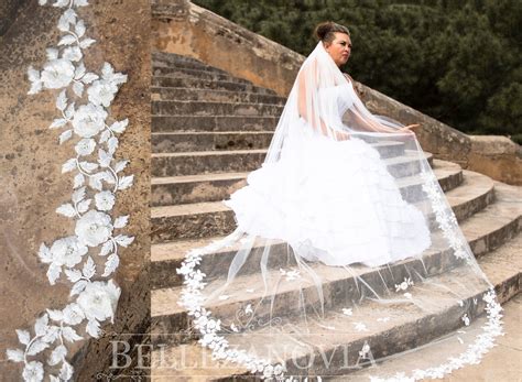 Floral Lace Cathedral Length Veil, Flowery Chapel Wedding Veil, Lace