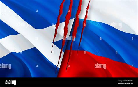 Scotland And Russia Flags With Scar Concept Waving Flag 3D Rendering