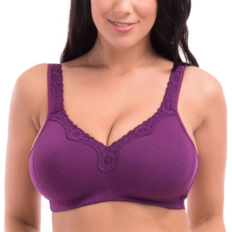 Womens Cotton Full Coverage Wirefree Non Padded Lace Trim Plus Size Bra