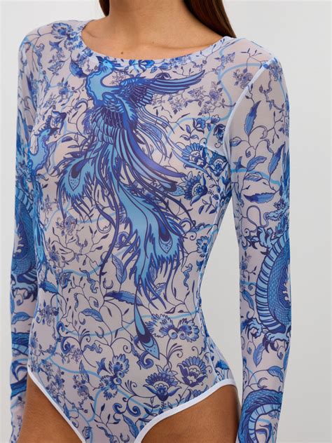 Women Bodysuit FIREBIRDS See Through Bodysuit Long Sleeve Sheer Body Suit Romantic Lingerie