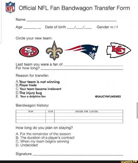 And Official Nfl Fan Bandwagon Transfer Form Name Age Date Of Birth F