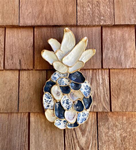 Mini Oyster Shell Pineapple Decor For Beach House Blue And White Floral