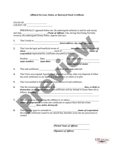 Austin Texas Affidavit For Lost Stolen Or Destroyed Stock Certificate Affidavit Certificate