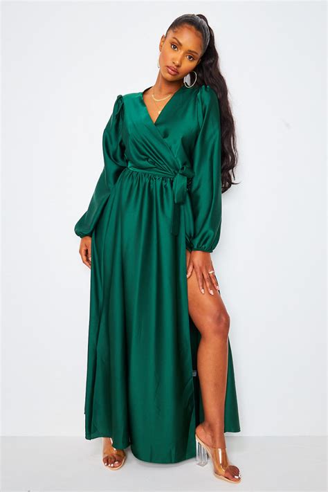 Robe longue vert foncé satiné ceinturée Brentiny Paris