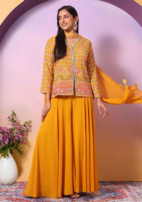 Buy Women Mustard Floral Print Embroidered Kurta Set With Palazzo And