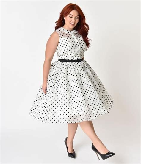 Plus Size 1950s Style White And Black Dotted Organza Georgia Swing Dress