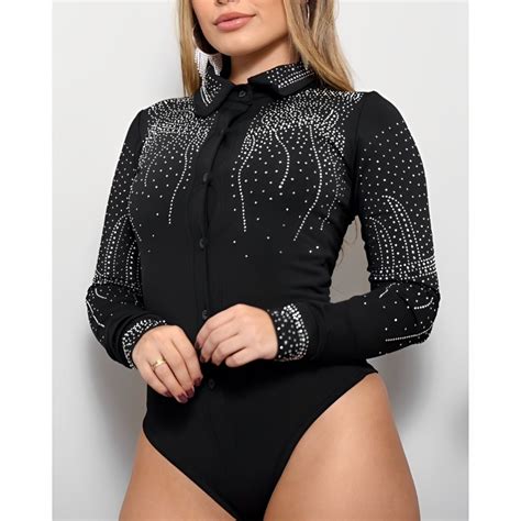 Body Feminino Camisa Manga Longa Strass Boiadeira Rodeio Country Brilho