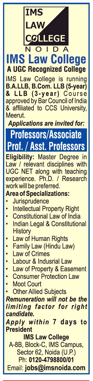 Ims Law College Noida Wanted Professor Associate Professor And