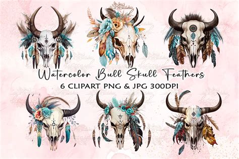 Watercolor Bull Skull Feathers Clipart Graphic By Diceenid Creative