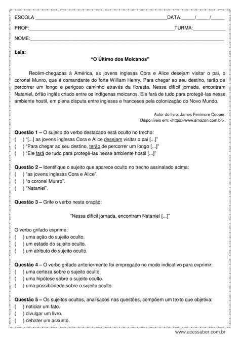 Exercícios Tipos De Sujeito 7 Ano Gabarito LIBRAIN