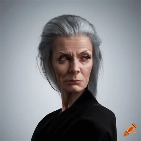 Portrait Of A Confident Middle Aged Woman With Long Gray Hair In A