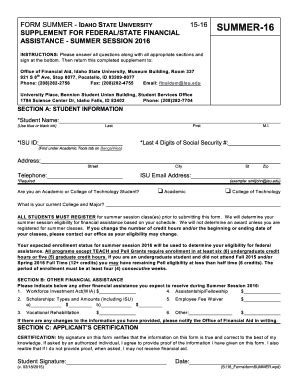 Fillable Online Isu FORM SUMMER IDAHO STATE UNIVERSITY Fax Email