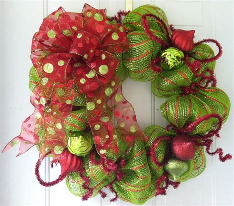 Hand Made Lime Green And Red Striped Polka Dot Bow Metallic Deco Mesh